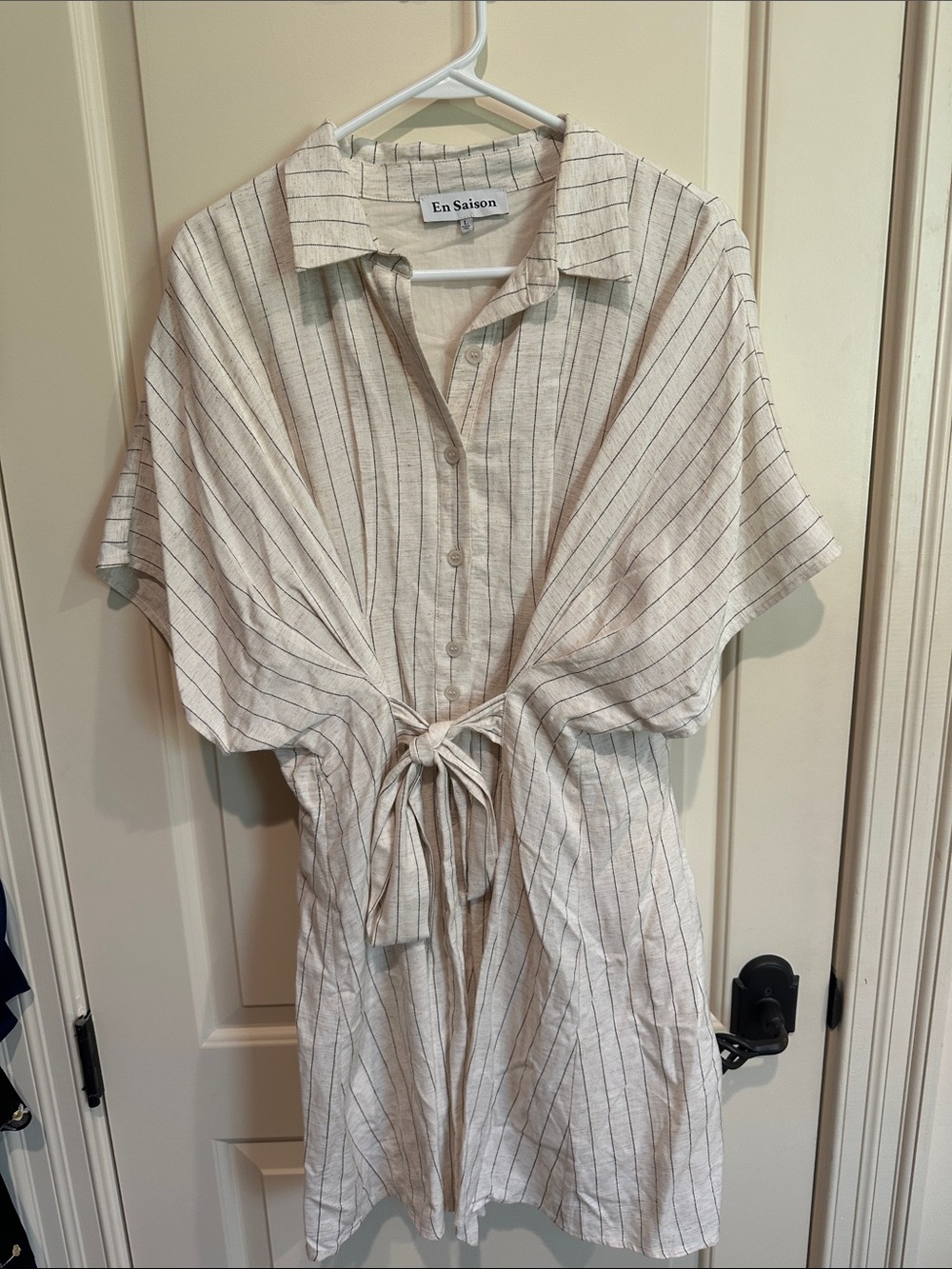 En Saison Cream Striped Tie-Front Midi Shirt Dress